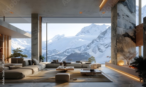 Alpine Oasis, A captivating portrayal of a contemporary home nestled amidst snow-capped peaks photo