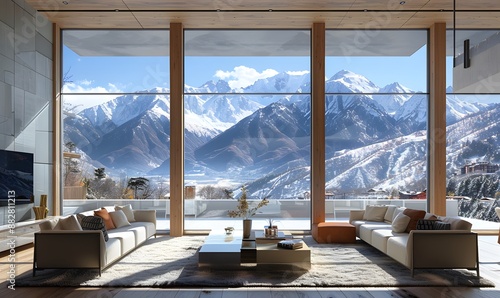 Elevated Living, An elevated perspective of a spacious home interior with expansive windows overlooking snow-capped peaks photo