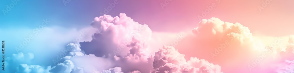 Fototapeta premium Abstract Minimalist Art Wallpaper Featuring a Dreamy Sky Panorama with Beautiful Natural Landscape. Romantic Blue Sky with Soft Fluffy Pink Clouds in Watercolor Anime Style Illustration. Serene and Co
