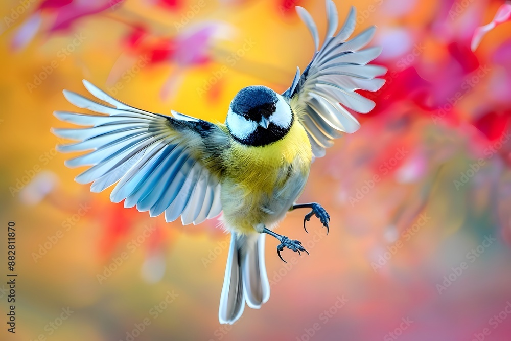 Obraz premium Vibrant Bird in Flight Against a Colorful Autumn Background