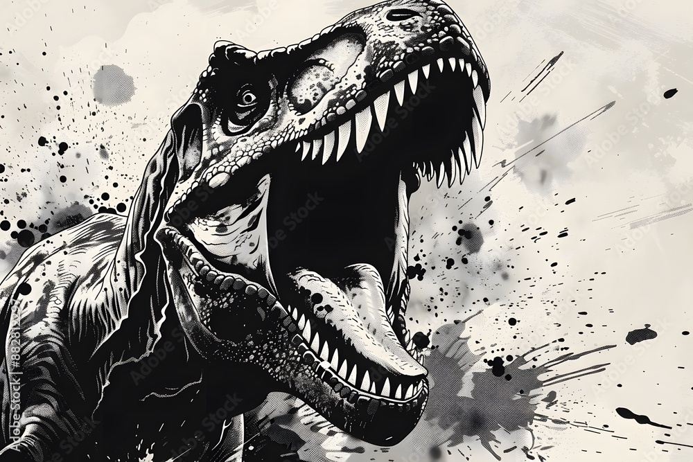Ferocious T-Rex Roaring in Black and White Ink Art Ferocious T-Rex Roaring in Black and White Ink Art