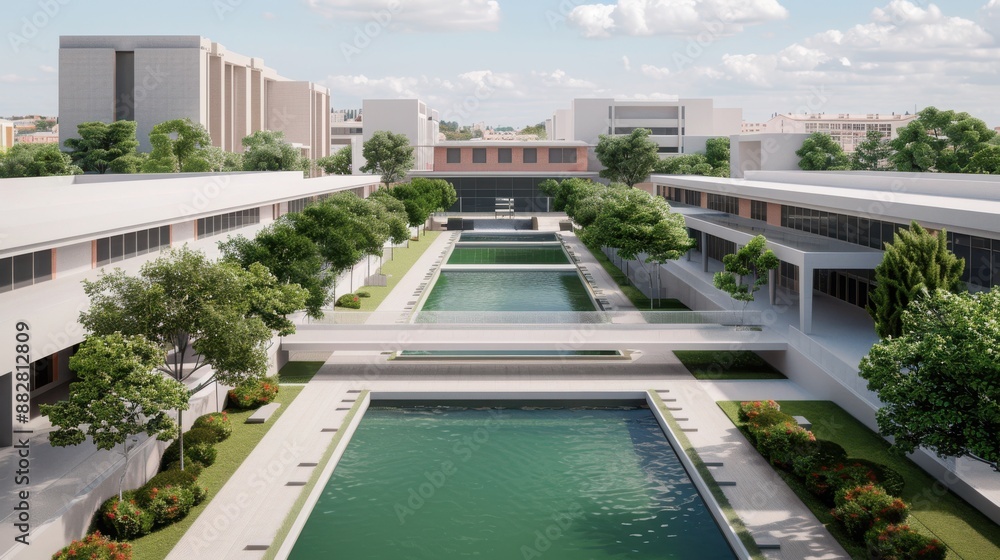 Fototapeta premium Modern architectural complex with large water features, greenery, and surrounding buildings under a bright blue sky with scattered clouds.