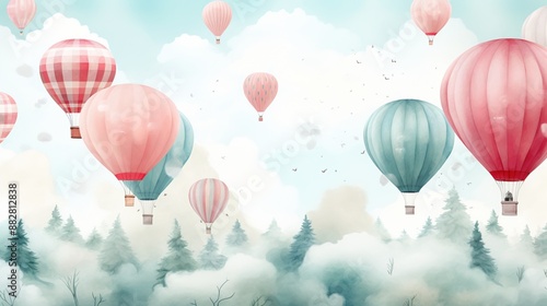 3d wallpaper watercolor baby air balloon seamless pattern