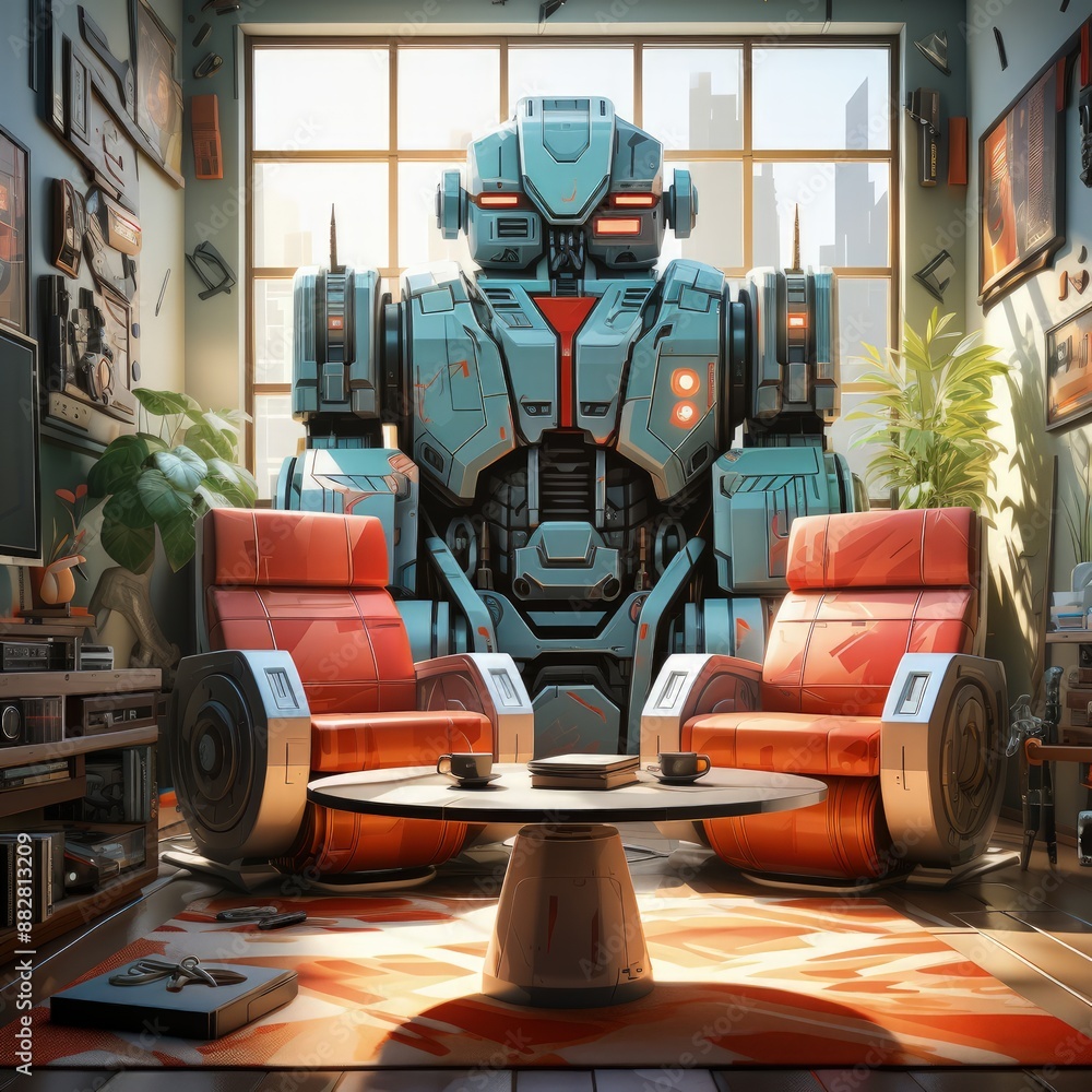Fototapeta premium Retro 80s Living Room with CRT TV and Transformers Illustration