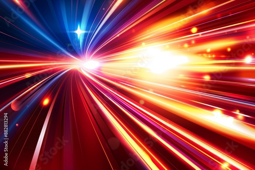 Abstract background of hyperspace jump in colorful space with warp stars, speed of light, neon road