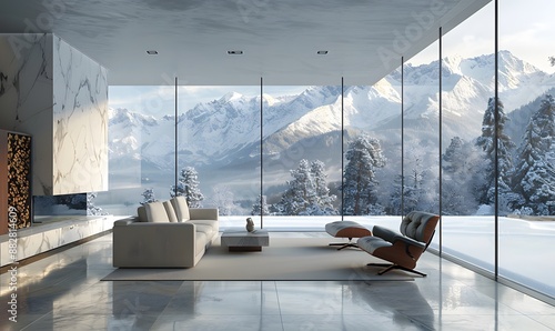 Snowbound Serenity, A serene depiction of an empty modern home interior, with minimalist décor and floor-to-ceiling windows photo