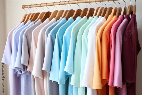 Colorful shirts on hangers in wardrobe, closeup. Fashionable clothes