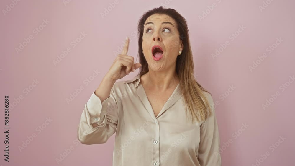 Buoyant young hispanic woman, smiling, gesturing 'number one' sign, her finger pointing up in a lightbulb moment of brilliant idea! standing over an isolated pink wall, wearing awesome shirt! Buoyant young hispanic woman, smiling, gesturing 'number one' sign, her finger pointing up in a lightbulb moment of brilliant idea! standing over an isolated pink wall, wearing awesome shirt!
