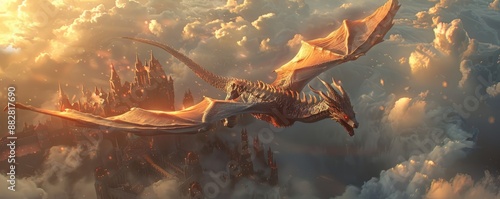 A photorealistic depiction of a majestic dragon soaring through the clouds, its scales shimmering in the sunlight, casting an enormous shadow over a medieval kingdom. photo