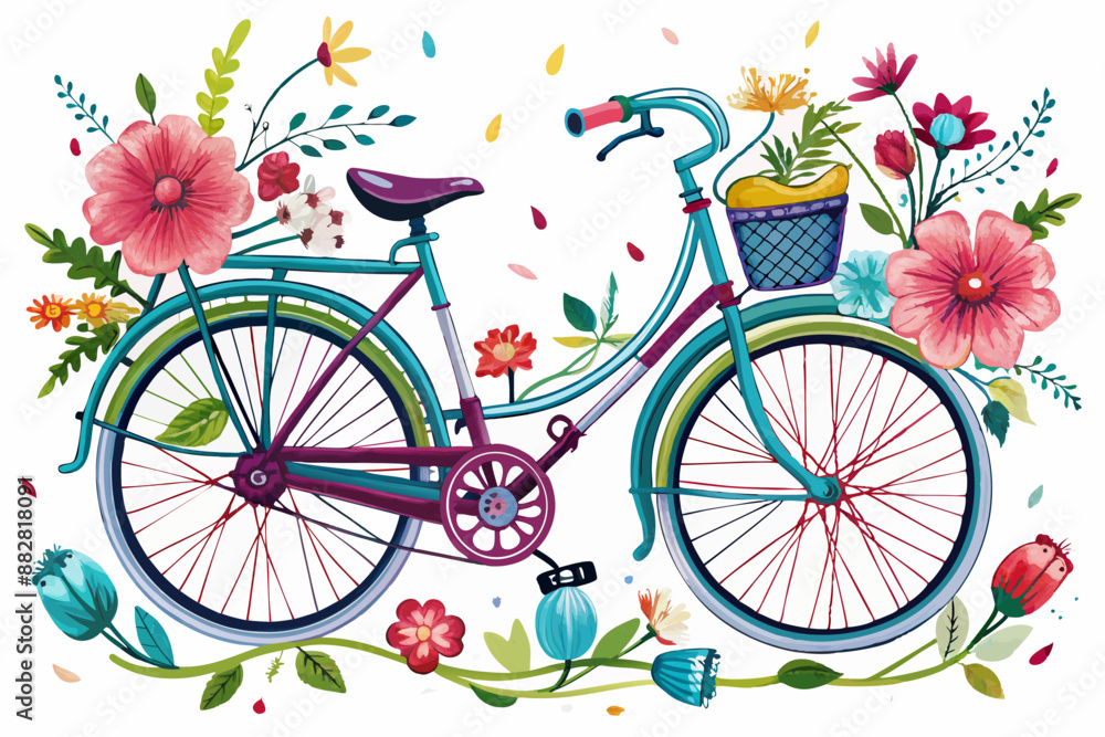 Fototapeta premium ladies bicycle with flowers on white background Graffiti style
