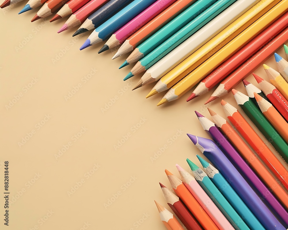 Creative flat lay of back-to-school supplies including color pencils on a beige table, designed for banner mockups with text space. Creative flat lay of back-to-school supplies including color pencils on a beige table, designed for banner mockups with text space.