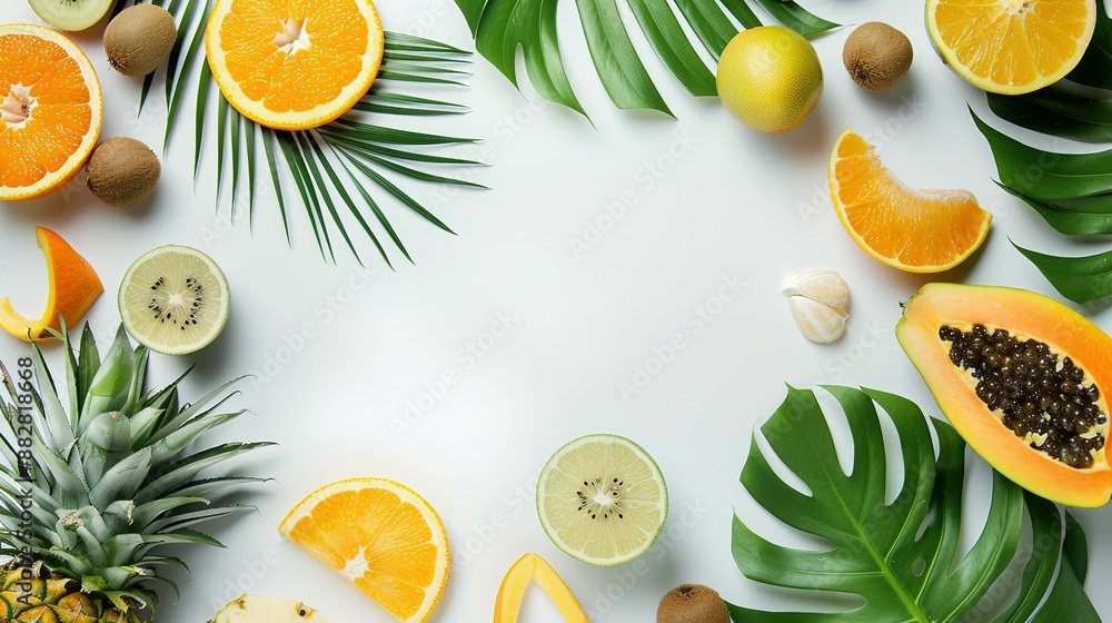 Vibrant composition of various citrus fruits and tropical leaves on white background Vibrant composition of various citrus fruits and tropical leaves on white background
