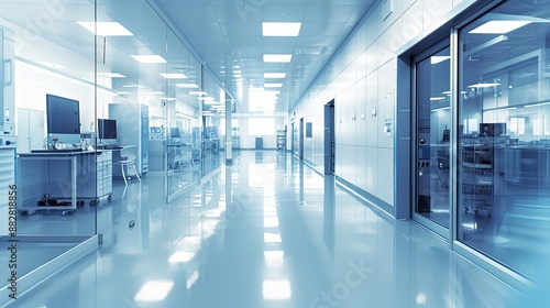 A cleanroom environment in a semiconductor lab, where engineers are developing new microchips. The room is pristine, with strict controls on contaminants. © peerawat