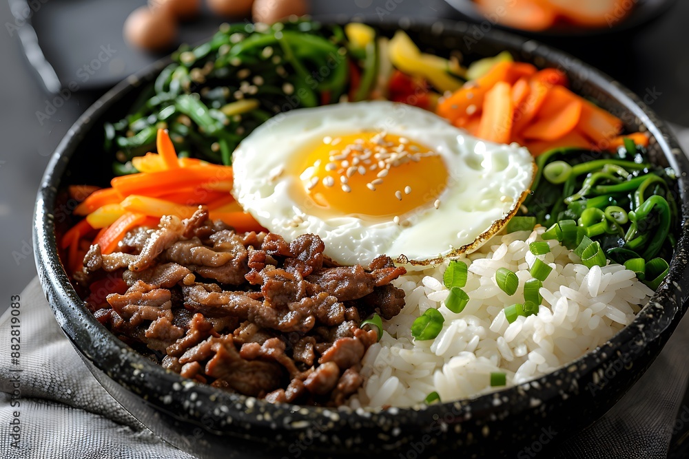Delicious Korean Bibimbap with Fresh Vegetables and Fried Egg Delicious Korean Bibimbap with Fresh Vegetables and Fried Egg