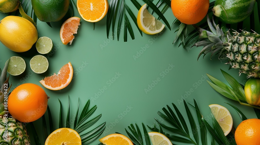 Refreshing composition of citrus fruits and tropical leaves on green background Refreshing composition of citrus fruits and tropical leaves on green background