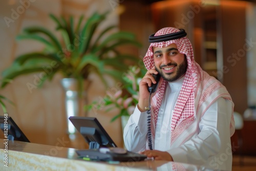 Wallpaper Mural Smiling Arab Man Making a Phone Call in a Hotel Lobby Torontodigital.ca