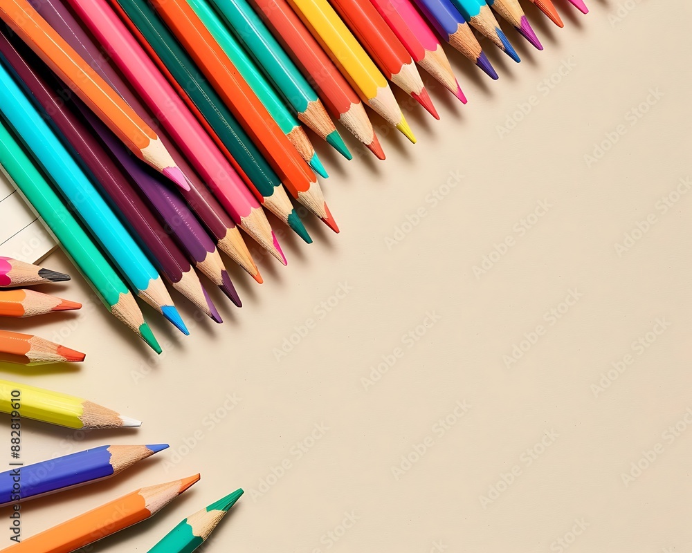 Creative flat lay of school supplies and color pencils on a beige table, designed for back-to-school banner mockups with ample text space. Creative flat lay of school supplies and color pencils on a beige table, designed for back-to-school banner mockups with ample text space.