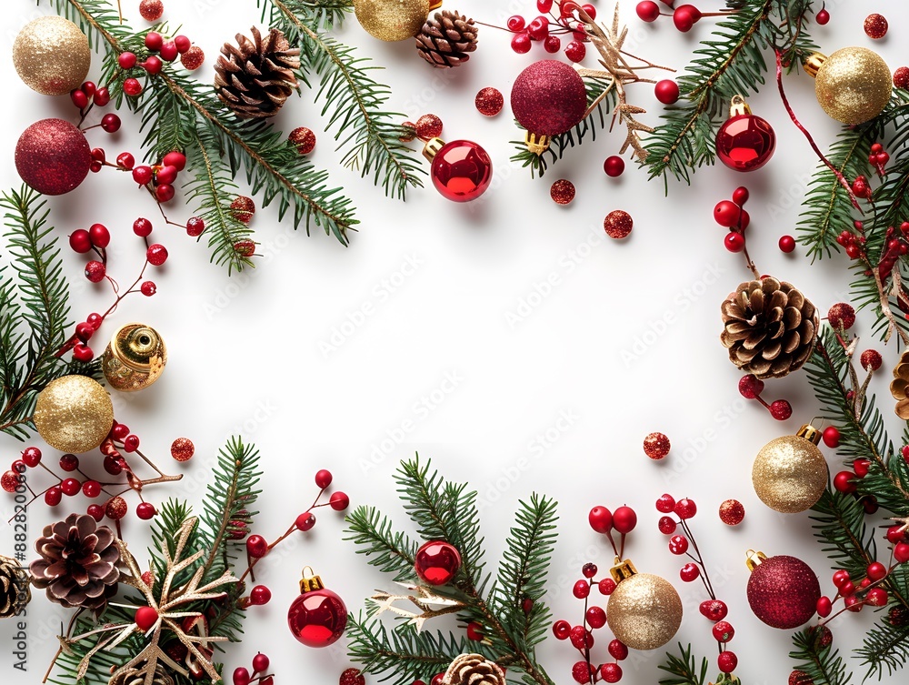 Festive Christmas Border with Pine Cones, Ornaments, and Evergreen Branches Festive Christmas Border with Pine Cones, Ornaments, and Evergreen Branches