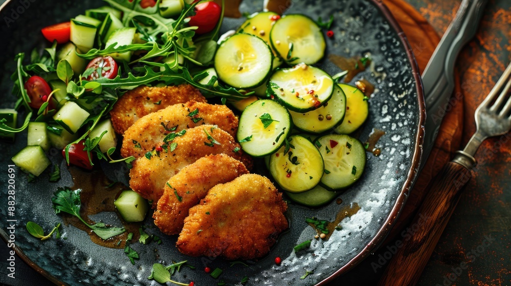 Traditional deep fried schnitzel sliced with potato and cucumber salad offered as close up on a rustic modern design plate with copy space Traditional deep fried schnitzel sliced with potato and cucumber salad offered as close up on a rustic modern design plate with copy space