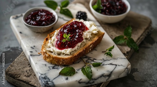 Slice of bread with cream cheese and fresh black mulberry jam on a marble board