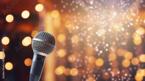 Microphone on stage with twinkle lights in background