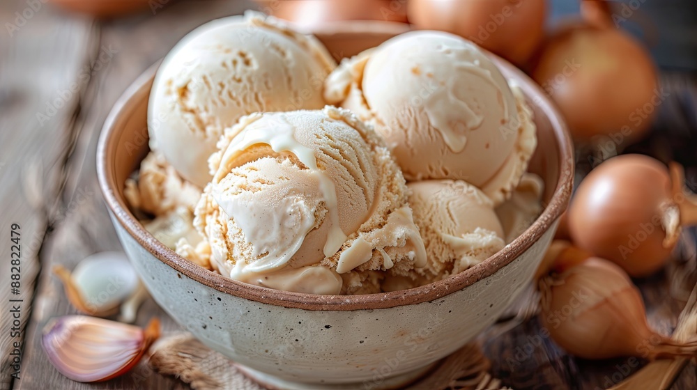 Caramelized onion ice cream Modern trend unsweetened Savory ice cream flavor with caramel and sweet candied glass onion Caramelized onion ice cream Modern trend unsweetened Savory ice cream flavor with caramel and sweet candied glass onion