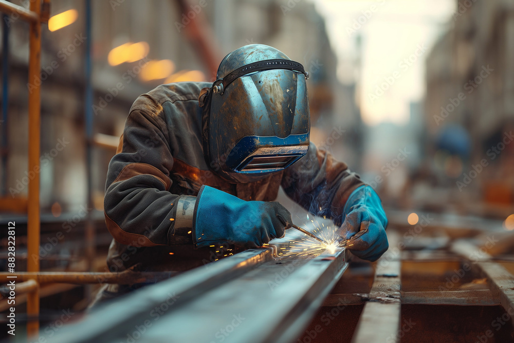 Industrial welder welding fabricated construction in factory.Welding process. Worker welding metal with electrodes, wearing protective helmet and gloves. electrode welding and electric sparks Industrial welder welding fabricated construction in factory.Welding process. Worker welding metal with electrodes, wearing protective helmet and gloves. electrode welding and electric sparks