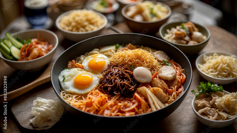 dining table filled with various side dishes such as kimchi, fried eggs, pickled vegetables, and sliced meats surrounding a steaming bowl of instant noodles dining table filled with various side dishes such as kimchi, fried eggs, pickled vegetables, and sliced meats surrounding a steaming bowl of instant noodles