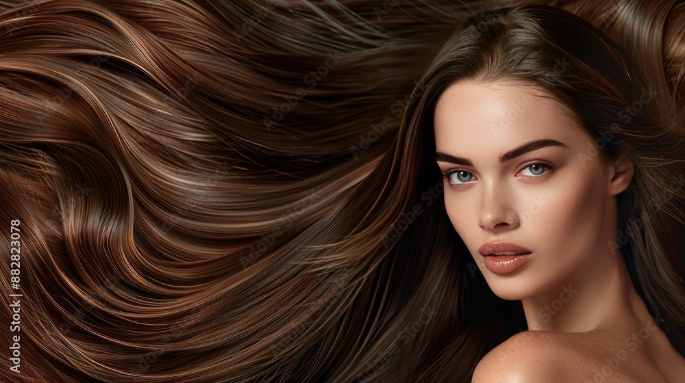 Chic brunette with straight long shiny hair, flawless makeup, beauty and hair care Chic brunette with straight long shiny hair, flawless makeup, beauty and hair care