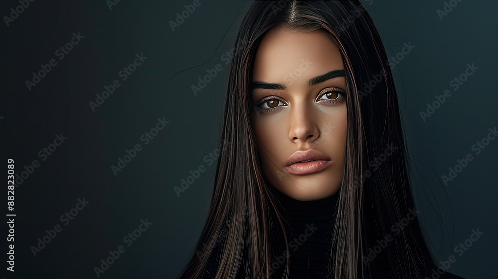 Chic brunette woman with sleek straight long shiny hair, high fashion, beauty and hair care Chic brunette woman with sleek straight long shiny hair, high fashion, beauty and hair care