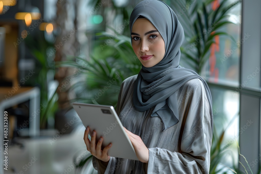 Confident Woman in Hijab Using Tablet in Modern Office Setting Confident Woman in Hijab Using Tablet in Modern Office Setting