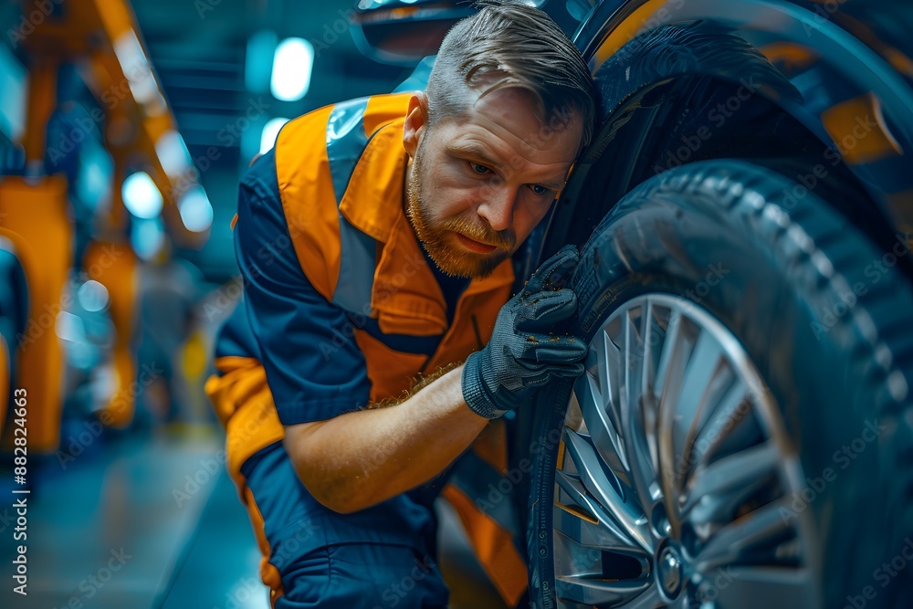 Obraz premium Mechanic Inspecting Car Tire in a Modern Auto Repair Shop