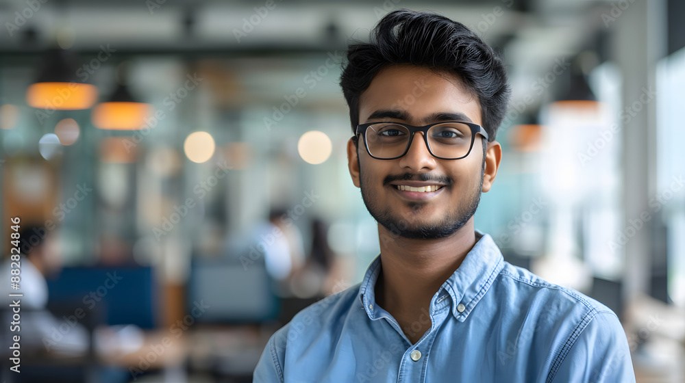 Close-up portrait of a young Indian man standing in glasses and blue shirt smiling in a modern office and looking at the camera Close-up portrait of a young Indian man standing in glasses and blue shirt smiling in a modern office and looking at the camera