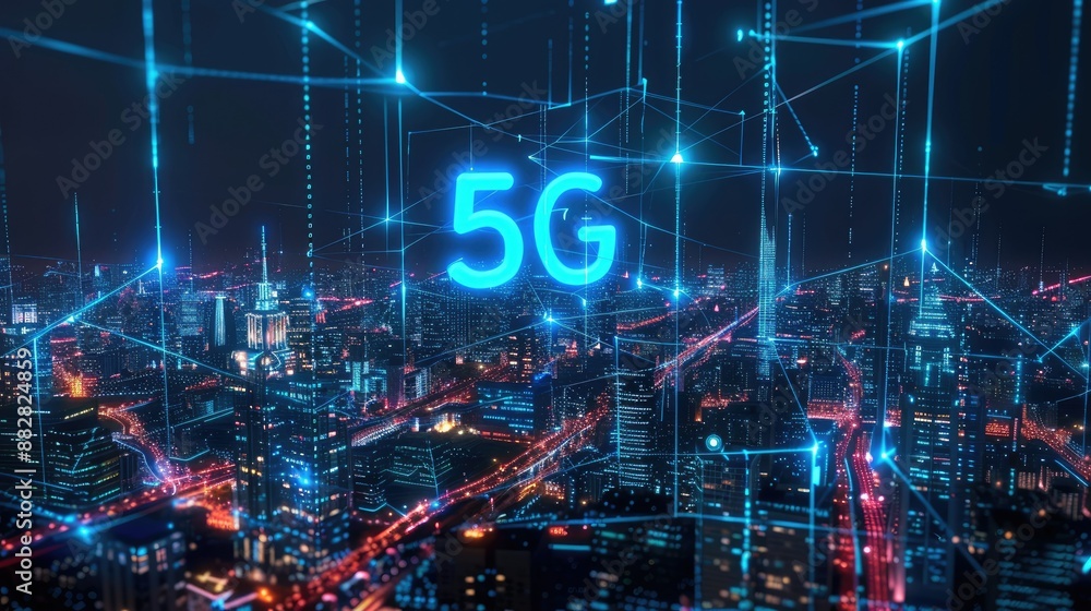 Digital hologram representing 5G network over city, IoT devices in interconnected urban setting Digital hologram representing 5G network over city, IoT devices in interconnected urban setting