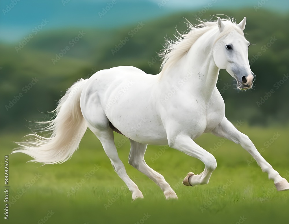 White Horse Running Through Green Field on a Sunny Day White Horse Running Through Green Field on a Sunny Day