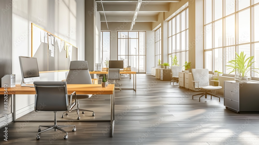 Modern Open-Plan Office with Wooden Desks and Ample Natural Light Modern Open-Plan Office with Wooden Desks and Ample Natural Light
