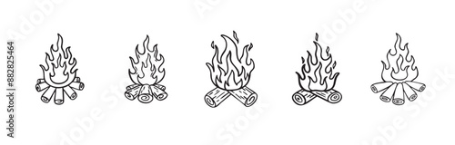 Doodle campfire for camp set. outline fire camping, hand drawn campfire for outdoor activities