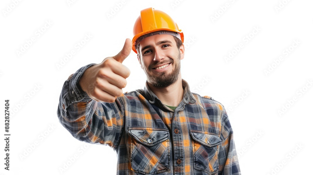 Joyful worker in hard hat giving thumbs up in success pose, white background. Joyful worker in hard hat giving thumbs up in success pose, white background.