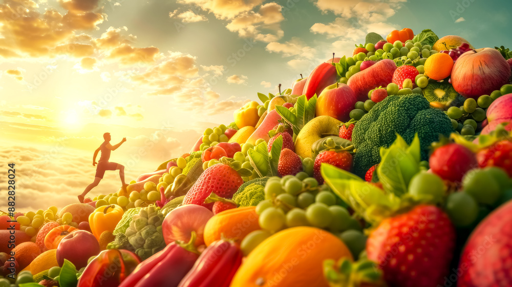 Man running towards a healthy lifestyle up a mountain of fruits and vegetables Man running towards a healthy lifestyle up a mountain of fruits and vegetables