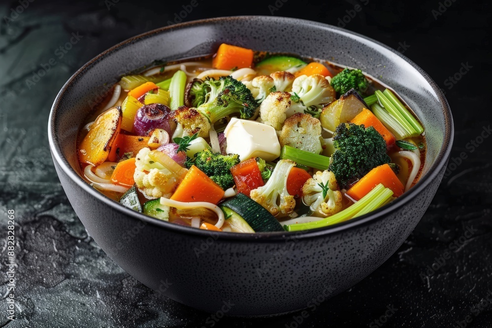 Colorful Vegetable Mix on Top of Creamy Noodle Soup Base Colorful Vegetable Mix on Top of Creamy Noodle Soup Base