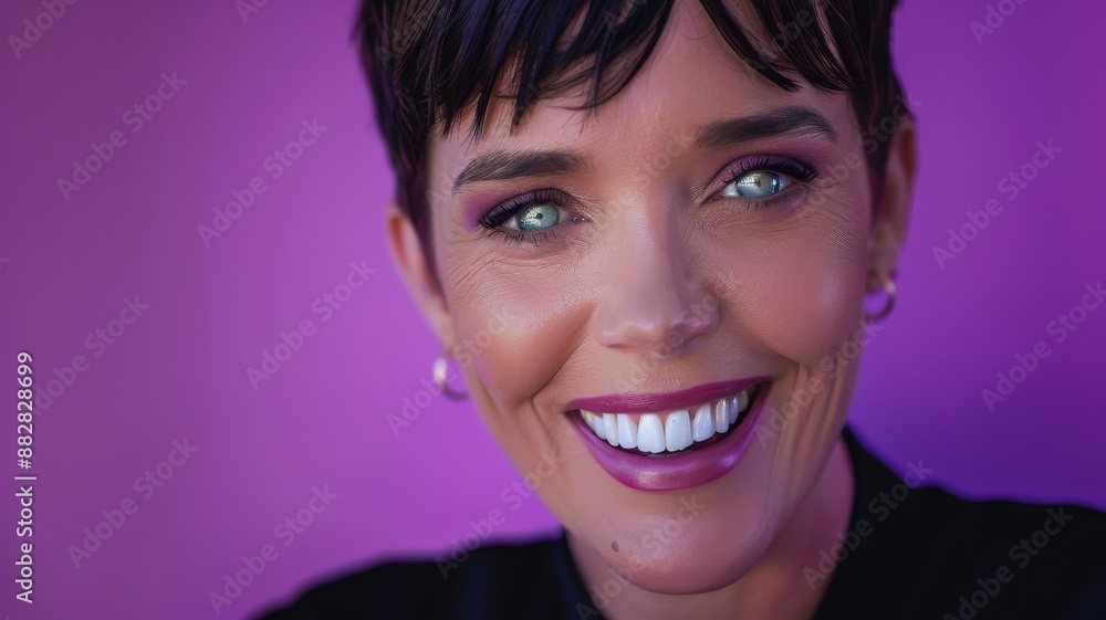 A extreme close up photography portrait of the caucasian blue eyes black very short hair brazilian tv show celetrity Xuxa smiling in a vibrant purple clean studio background A extreme close up photography portrait of the caucasian blue eyes black very short hair brazilian tv show celetrity Xuxa smiling in a vibrant purple clean studio background