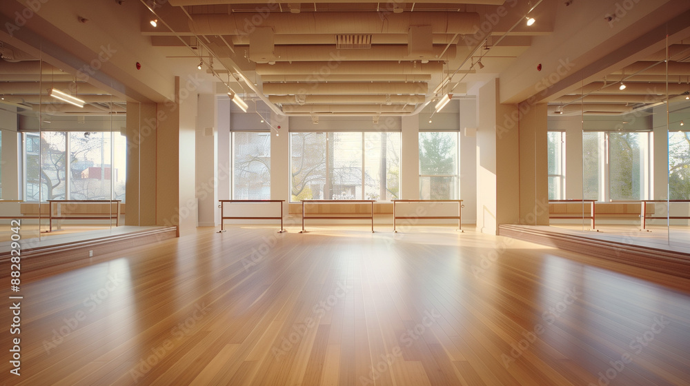 Fototapeta premium Interior of sport and dancing hall with hardwood floor and mirror