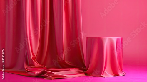 Premium cylinder pedestal with red cloth  vibrant magenta backdrop  product display