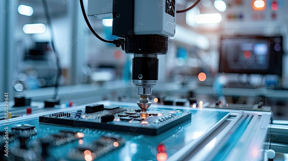 Robot arm performing precise component installation in bright electronics factory Robot arm performing precise component installation in bright electronics factory