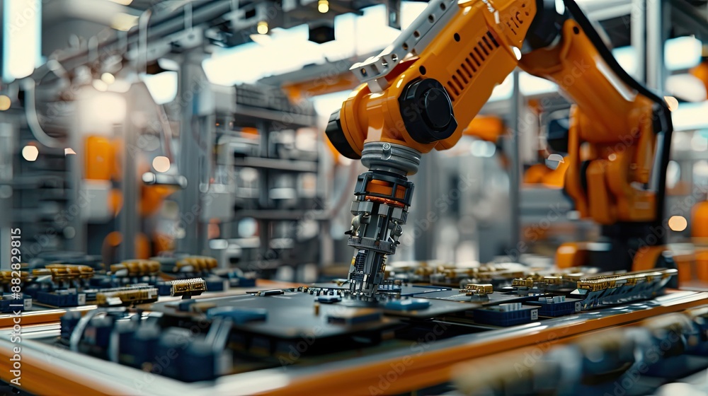 Robotics in electronics industry, advanced robot arm in bright factory assembling circuit boards Robotics in electronics industry, advanced robot arm in bright factory assembling circuit boards