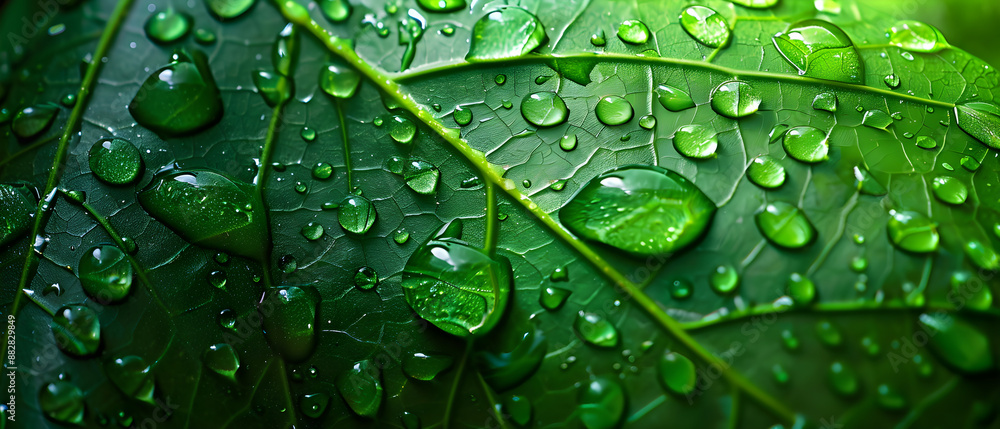 A macro shot capturing crystal clear water droplets resting delicately on a vibrant green leaf. A macro shot capturing crystal clear water droplets resting delicately on a vibrant green leaf.