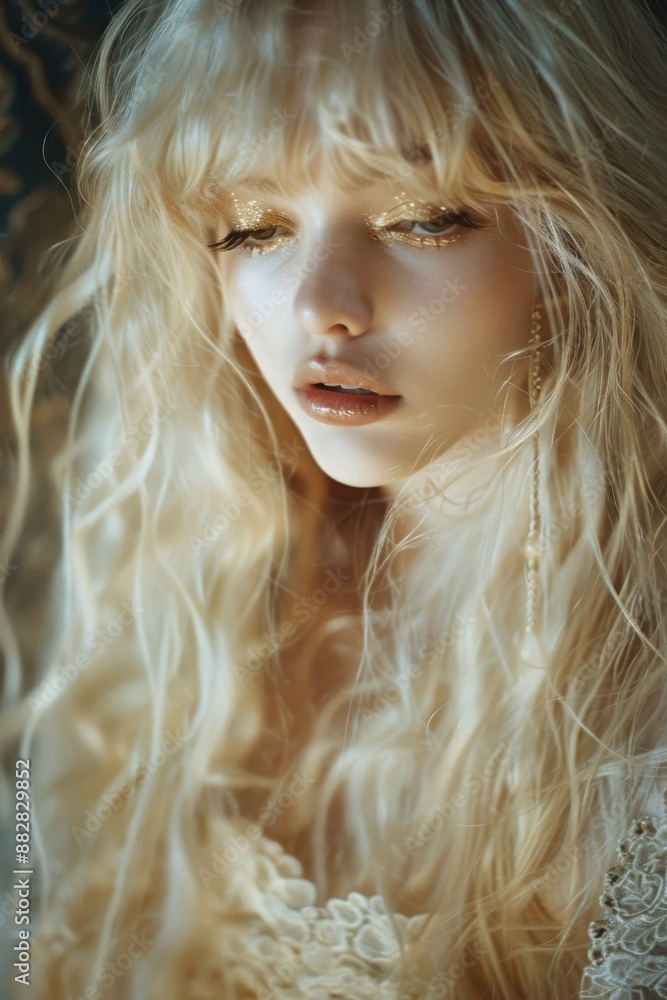 a full length portrait of a woman with long blonde hair wearing gold eyeshadow and lipstick a full length portrait of a woman with long blonde hair wearing gold eyeshadow and lipstick