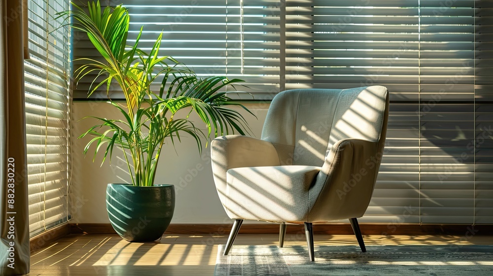 Fototapeta premium Soft armchair and vibrant houseplant beside large window with blinds, spacious room decor