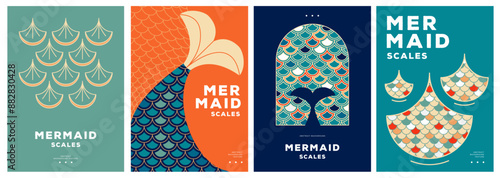 Set of retro summer disco posters with mermaid scale abstract texture.Vector illustration
