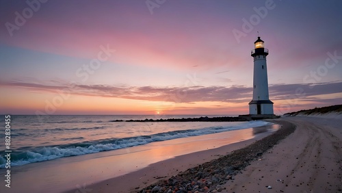 A lighthouse stands tall on a sandy beach, bathed in the soft glow of a sunset sky. © Rusti_video & image